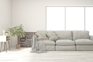White living room with sofa. Scandinavian interior design. 3D illustration