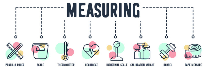 Measuring banner web icon. pencil and ruler, scale, thermometer, heartbeat, industrial scale, Calibration Weight, barbel, tape measure vector illustration concept.