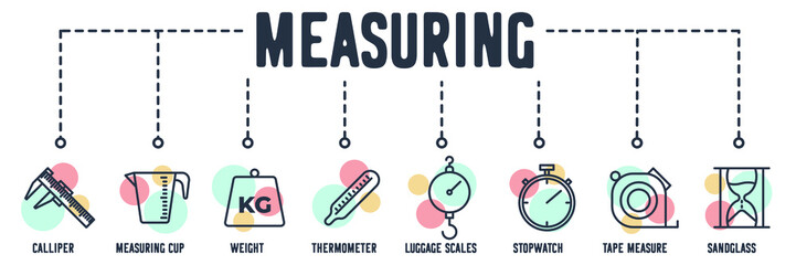 Measuring banner web icon. calliper, measuring cup, weight, thermometer, luggage scales, stopwatch, tape measure, sandglass vector illustration concept.