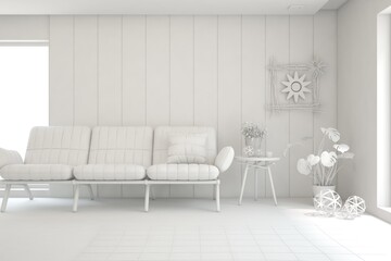 Mock up of stylish room in white color with sofa. Scandinavian interior design. 3D illustration
