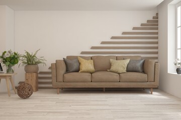 White living room with sofa. Scandinavian interior design. 3D illustration