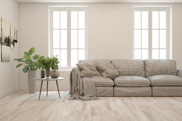 White living room with sofa. Scandinavian interior design. 3D illustration