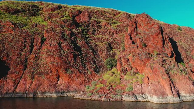 Aerial panning video of beautiful sunet mountain range in Lake Argyle, Kimberley, Westerm Australia	