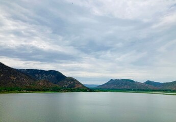 Alwar, Rajasthan 21 Jun 2020: A view of the Siliserh Lake in Alwar from the Lake Palace Hotel
