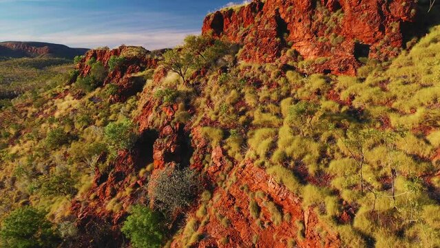 Aerial footage of beautiful sunset of mountain range in Lake Argyle, Kimberley, Westerm Australia