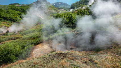 Steam and smoke rise above the fumaroles. Sulphurous deposits on the soil around. Green vegetation on mountain slopes. Kamchatka. Valley of Geysers