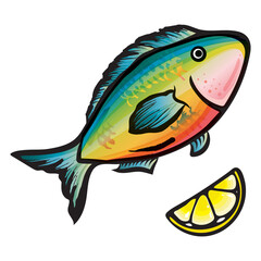 Hand Drawn Rainbow Salmon Fish with Lemon Vector Illustration