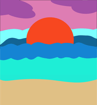 Vector Sunrise Sunset Beach Scene Flat Art 2D Illustration