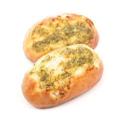 Garlic and herb bread, tasty bread with garlic lying on white background