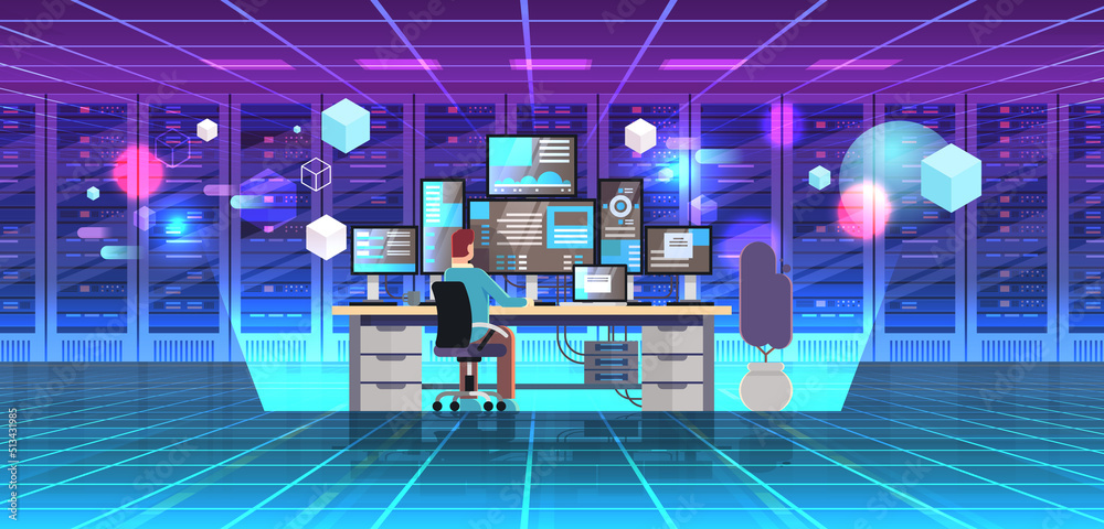 Poster man working in online data center room hosting server computer monitoring neon view through vr glass