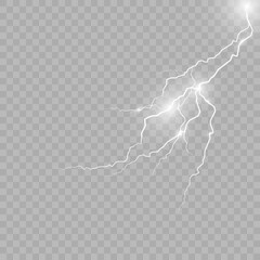 Realistic lightning on a transparent background. Bright electrical discharge.