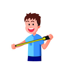 cute boy holding a measuring tape while stretching it