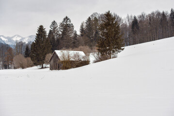 Fototapeta na wymiar Winterliche Landschaft mit einer alten Hütte