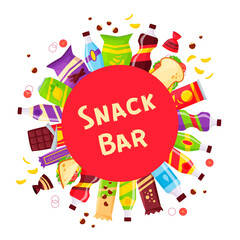 Fototapeta premium Snack bar circle banner, fast food and drinks products. Beverage bottles, sandwich in pack, soda and juice. Food store elements for market design, cartoon style vector