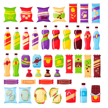 Snack set, fast food and drinks products. Beverage bottles, sandwith in pack, soda and juice for vending machine. Food store elements for lunch box or market design, cartoon style vector