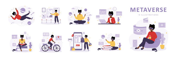 Metaverse and Virtual reality concept. African women in VR glasses learning, meditating, working and doing sport. Modern technological entertainment. Set of vector illustrations in cartoon style.