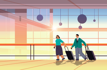 Obraz premium passengers couple with baggage businesspeople standing with luggage traveling concept airport terminal interior