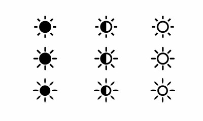 Brightness control icons set. Brightness icons with variation level on white background. Screen brightness and contrast level settings icon. 