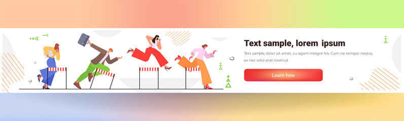 businesspeople jumping over barriers business people running to finish line competition challenge concept