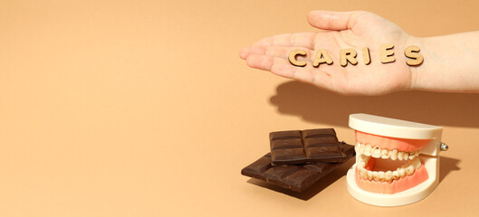 Concept of food bad for teeth, dental care, space for text