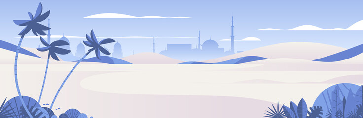 Beautiful summer desert with palms muslim cityscape horizontal