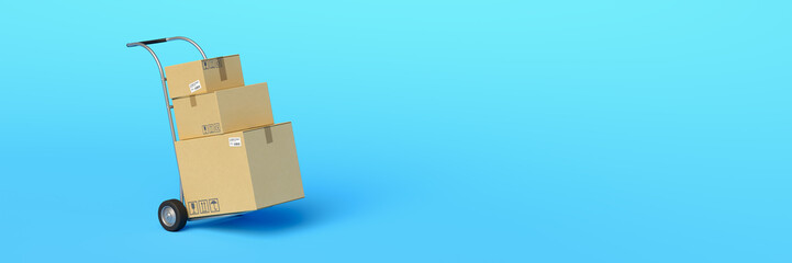 Horizontal banner of hand truck with cardboard boxes on blue background. Moving house concept. Relocation, cargo delivery, logistics and distribution. Minimal composition. 3d illustration. 3d render.