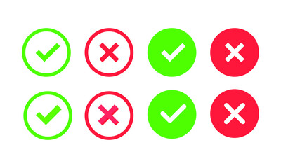 yes and no buttons. Green check mark and red cross icon. Set of simple icons in flat style.
