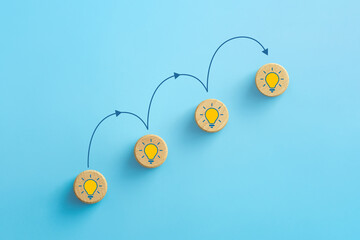 Wooden cubes with lightbulb icon, Creative idea network, Innovative Thinking, Innovation and...