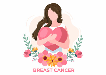 Breast Cancer Awareness Month Background Cartoon Illustration with Ribbon Pink and Woman for Disease Prevention Campaign or Healthcare