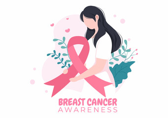 Obraz na płótnie Canvas Breast Cancer Awareness Month Background Cartoon Illustration with Ribbon Pink and Woman for Disease Prevention Campaign or Healthcare