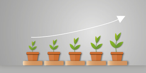 Arrow rising up to growing plants in pots on grey wall background as metaphor for business growth concept. shadow overlay. copy space for text. illustration paper cut design style.