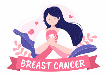 Breast Cancer Awareness Month Background Cartoon Illustration with Ribbon Pink and Woman for Disease Prevention Campaign or Healthcare