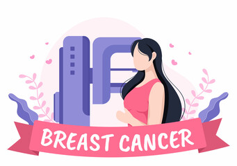 Breast Cancer Awareness Month Background Cartoon Illustration with Ribbon Pink and Woman for Disease Prevention Campaign or Healthcare