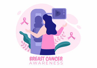 Breast Cancer Awareness Month Background Cartoon Illustration with Ribbon Pink and Woman for Disease Prevention Campaign or Healthcare