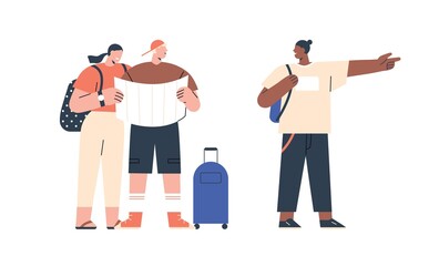 Tourists couple searching route on map and asking person for help. Man and woman travelers arrived on summer holiday, local guy showing direction. Flat vector illustration isolated on white background