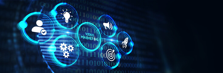 Video marketing and advertising concept on screen.  Business, Technology, Internet and network concept. 3d illustration