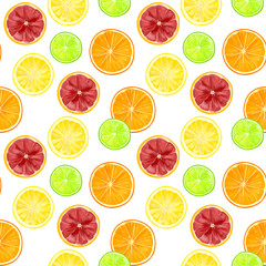 Seamless pattern with citrus fruits with orange, grapefruit, lemon and lime on a white background