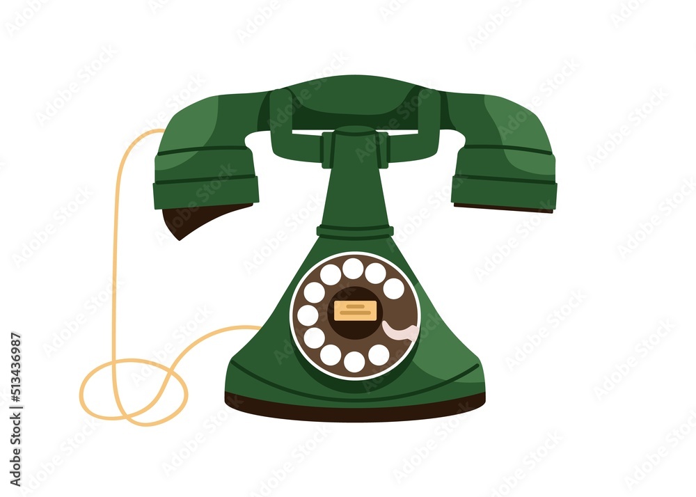 Poster vintage rotary telephone with round base, turning dial, wire and headset. old antique desk set phone