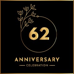 62 years anniversary celebration with golden floral frame isolated on white background. Creative design for happy birthday, wedding, ceremony, event party, marriage, and greeting card.