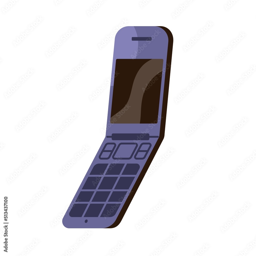Poster Flip mobile phone. Old model of binary cellphone. Outdated cell, cellular telephone of 2000, 2010. Thin handset, telecommunication device. Flat vector illustration isolated on white background