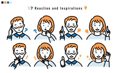 リアクションやひらめく表情の男性と女性の上半身 イラスト_オレンジと青