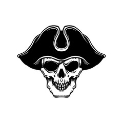 Illustration of pirate skull in vintage hat. Design element for poster, t shirt, card, banner. Vector illustration