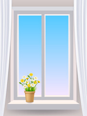 Window in interior, flowers chamomiles in the pot, curtains. Vector illustration template realistic