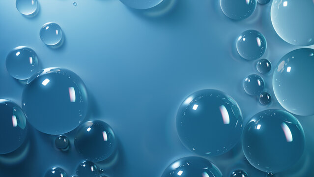 Liquid Drops on Blue Background. Contemporary Wallpaper with Copy-Space.