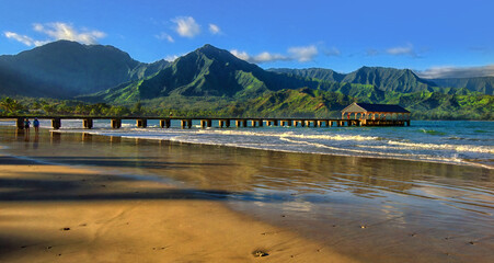landmark Hanalei Pier highlights Kauai's Hanalei Beach