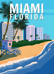 Miami Beach City Skyline, Retro Poster. Coast, surf, ocean. Vector illustration vintage - obrazy, fototapety, plakaty