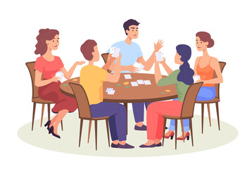 Group of friends playing card game at table. Cartoon people playing poker at home flat vector illustration. Board games, leisure concept for banner, website design or landing web page
