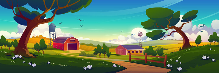 Summer countryside with farm barn, windmill, water tower and agriculture fields. Vector cartoon illustration of rural landscape of farmland with wooden shed, road and green trees © klyaksun