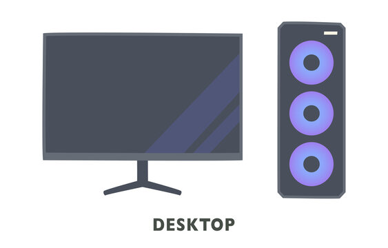 A computer monitor and a computer body with a circular LED design. flat design style vector illustration.