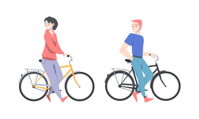 Smiling Man and Woman Standing Near Bicycle Enjoying Vacation or Weekend Activity Vector Illustration Set